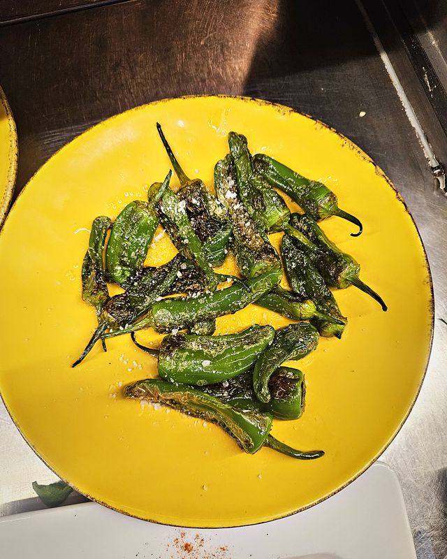 Pimentos Padrón salteados num prato amarelo